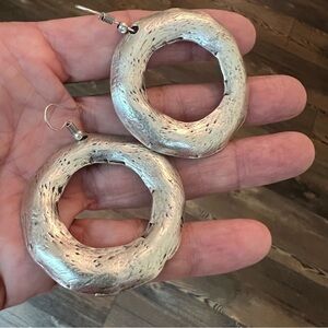 Big Circle Dangle Pair Earrings Hammered Silver Tone  1.5" round modernist